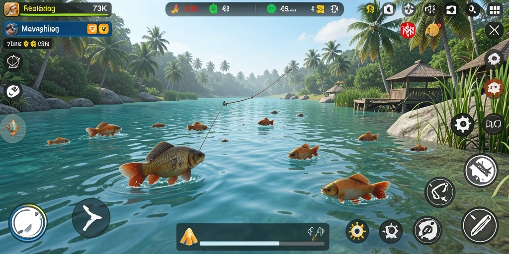 Screenshot gameplay 73K menampilkan pengalaman memancing yang mendebarkan.