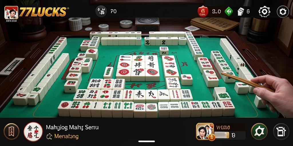 Screenshot gameplay Mahjong dari 77LUCKS yang penuh warna.