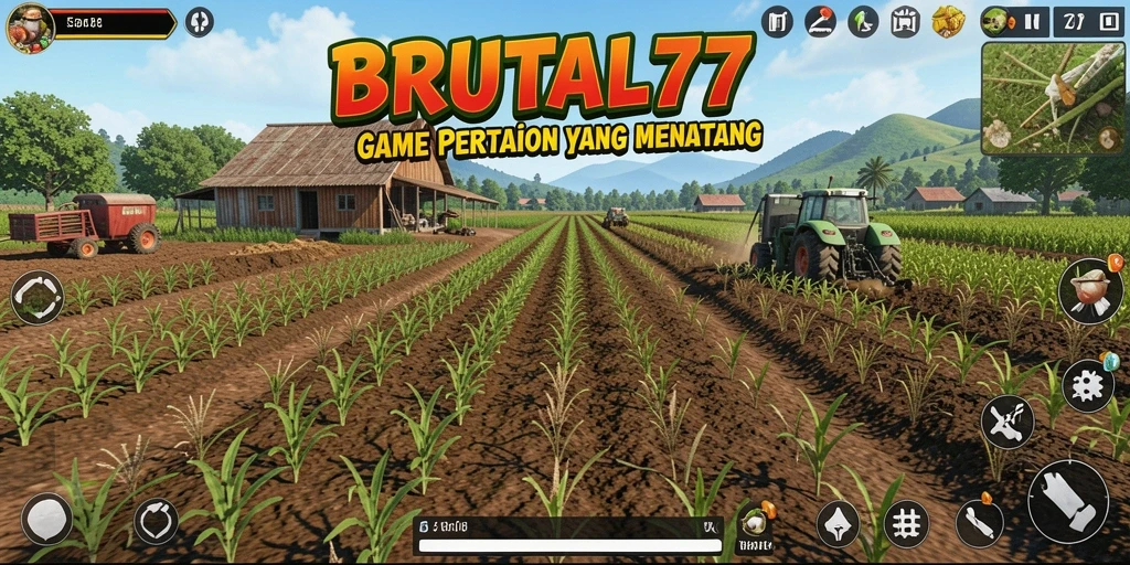 Screenshot gameplay BRUTAL77 menunjukkan taman yang subur dan dinamis.