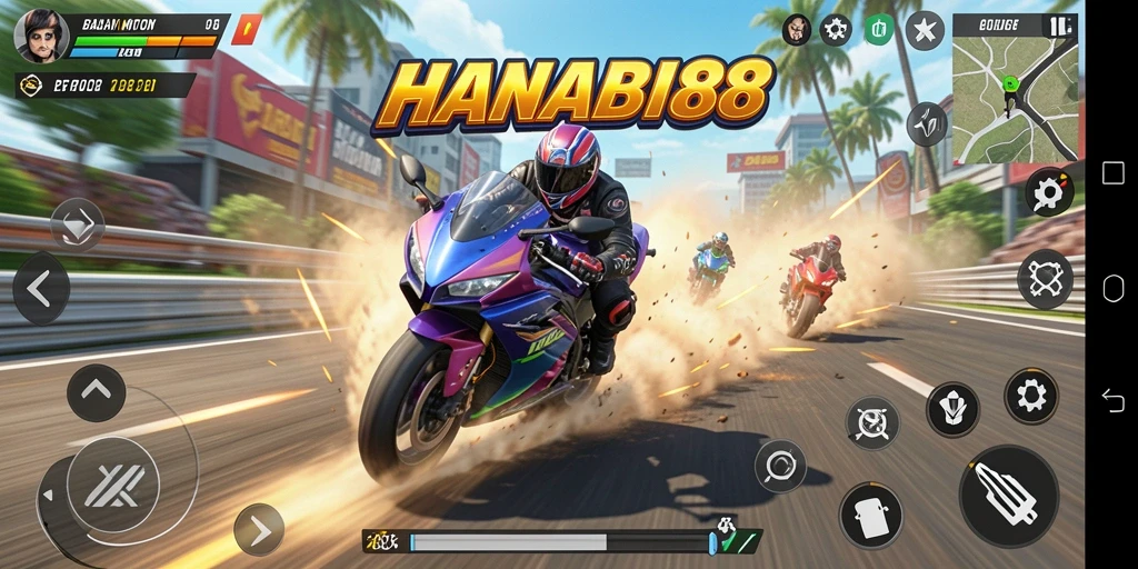 Tangkapan screen menunjukkan aksi balapan motor yang mendebarkan.