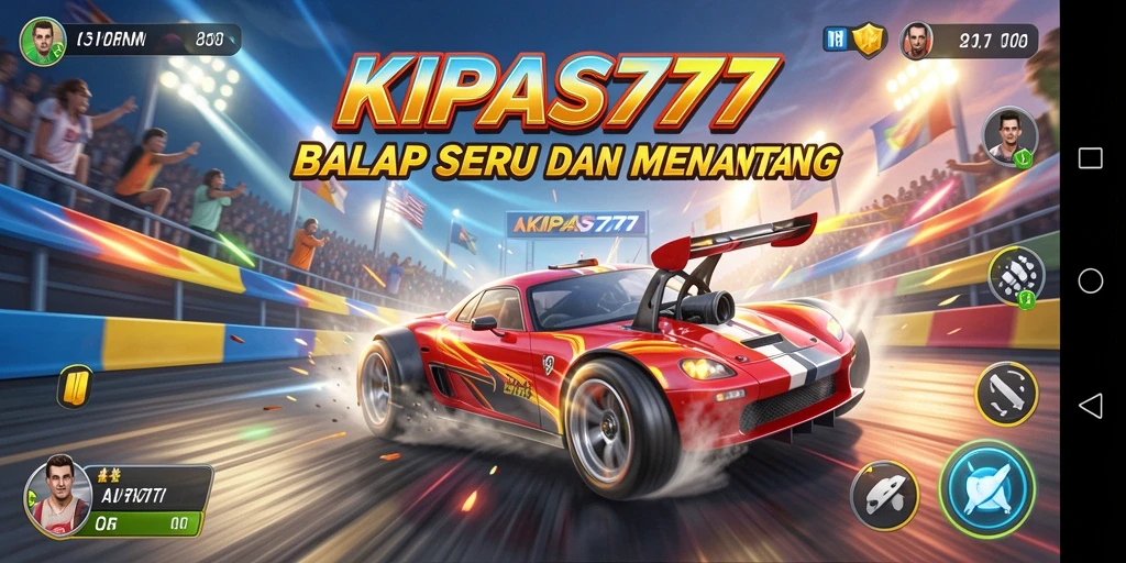 Tampilan gameplay KIPAS777 dengan mobil balap yang sedang melaju kencang.