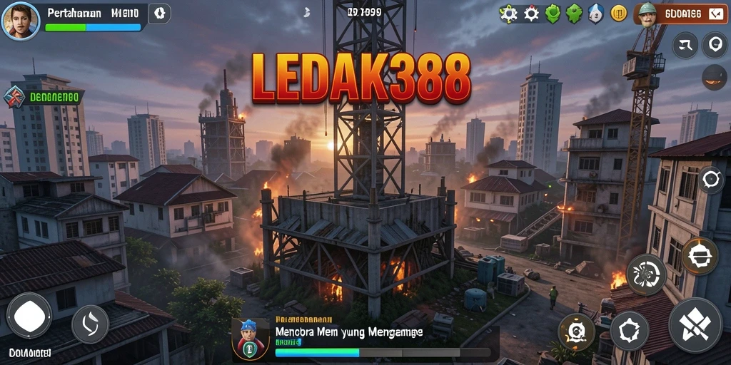 Screenshot gameplay menegangkan dari LEDAK388 dengan menara pertahanan beraksi.