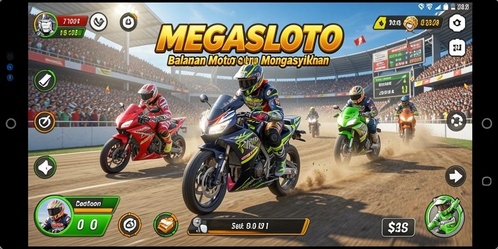 Tangkapan layar MEGASLOTO menampilkan aksi balapan motor yang mendebarkan.