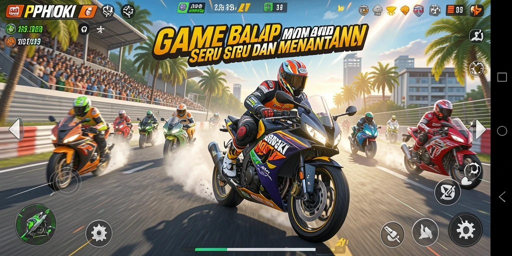 Screenshot PPHOKI menampilkan aksi balap motor yang seru.