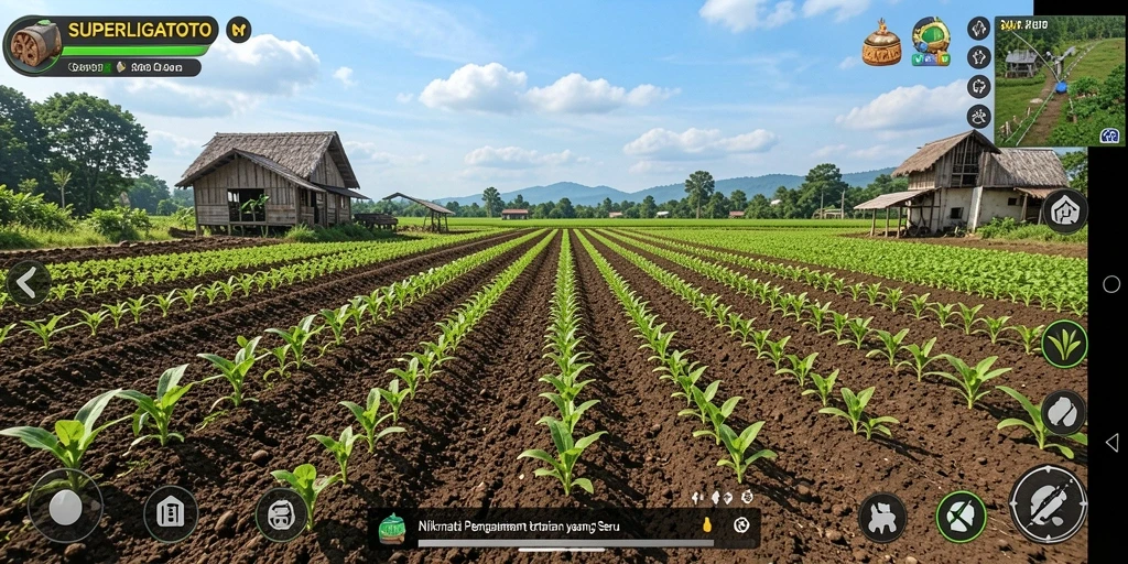 Screenshot SUPERLIGATOTO menampilkan kebun yang rimbun dengan berbagai tanaman dan hewan.