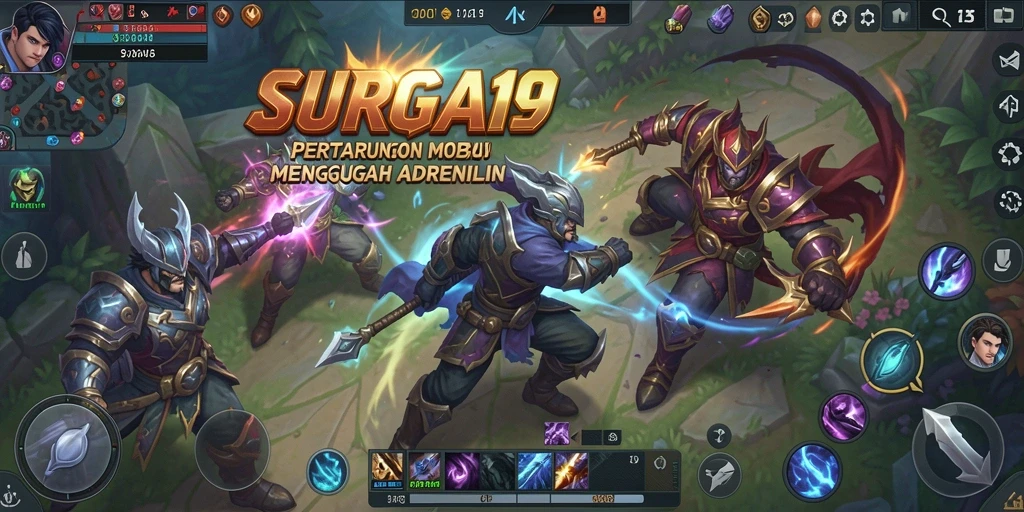 Screenshot aksi pertarungan intens dalam gameplay MOBA SURGA19.