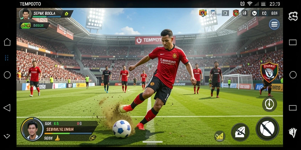 Tampilan gameplay TEMPOTOTO dengan aksi sepak bola yang mendebarkan.